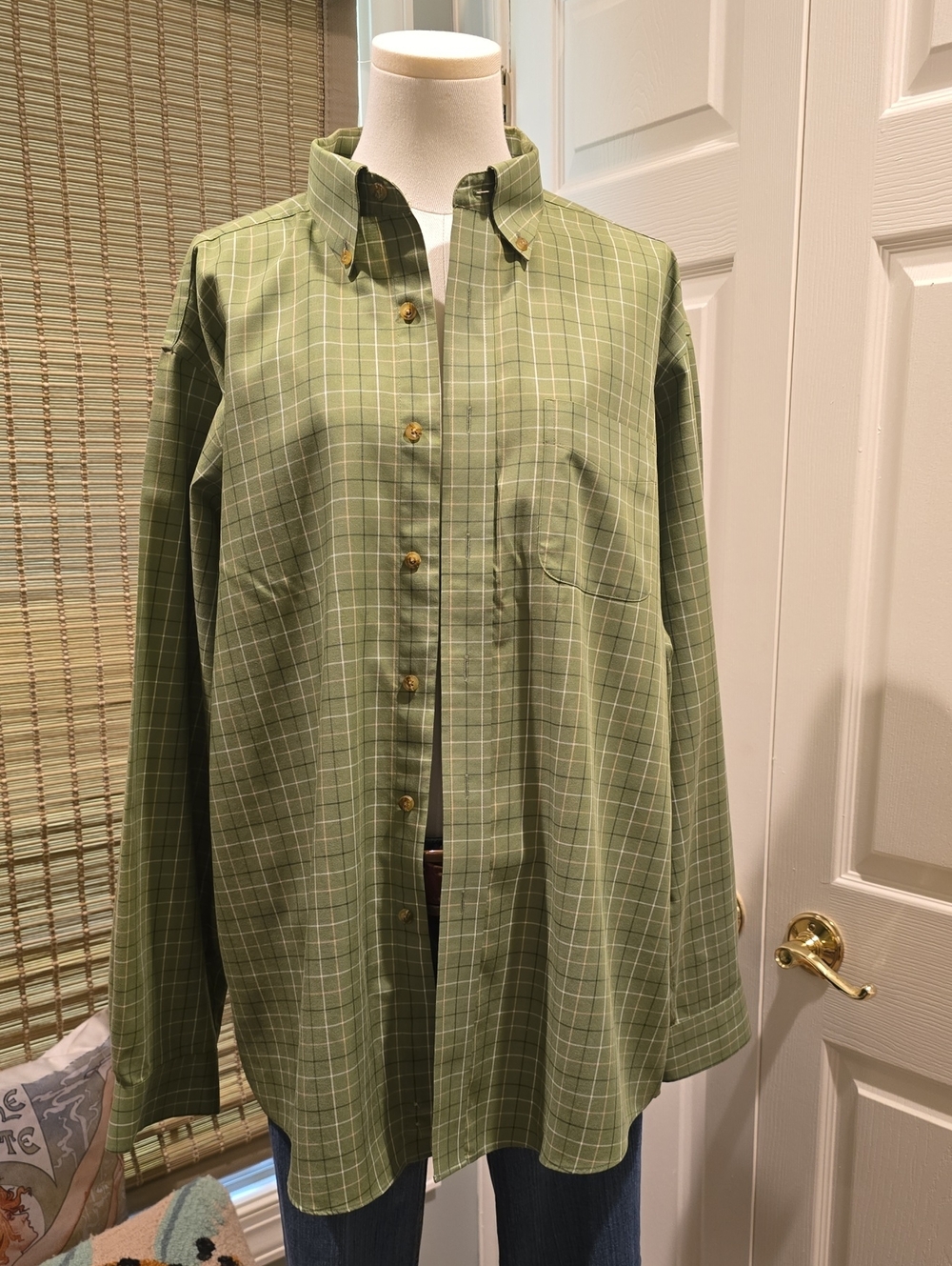 L.L.Bean Light Olive Green Windowpane Button-Down Shirt